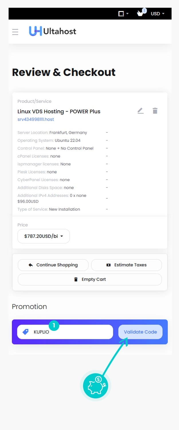 Návod jak uplatnit slevový kód v košíku e-shopu UltaHost