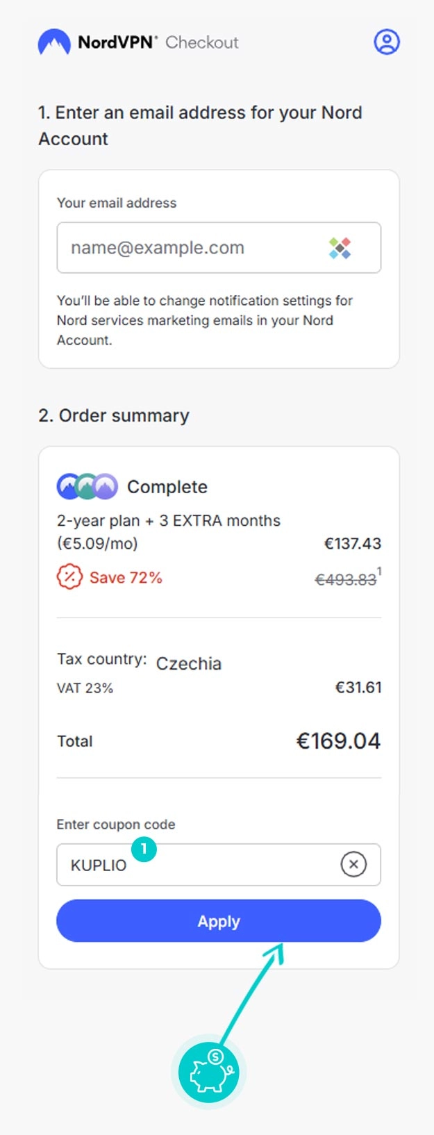 Návod jak uplatnit slevový kód v košíku e-shopu NordVPN