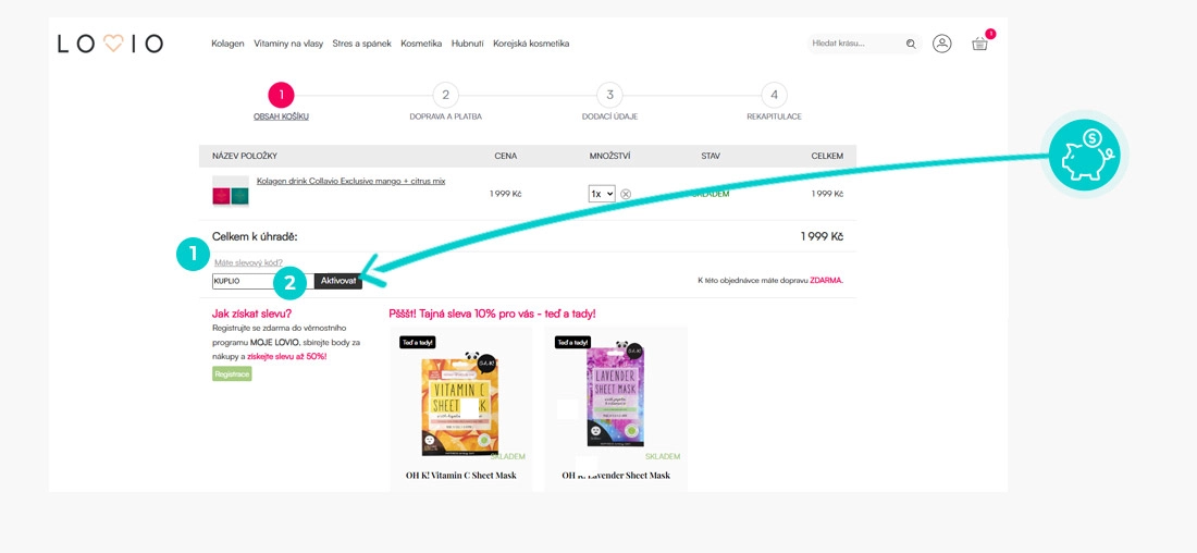 Návod jak uplatnit slevový kód v košíku e-shopu Lovio