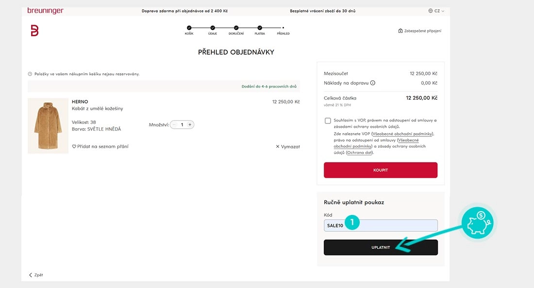 Návod jak uplatnit slevový kód v košíku e-shopu Breuninger