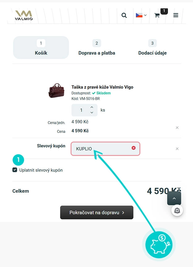 Návod jak uplatnit slevový kód v košíku e-shopu Valmio