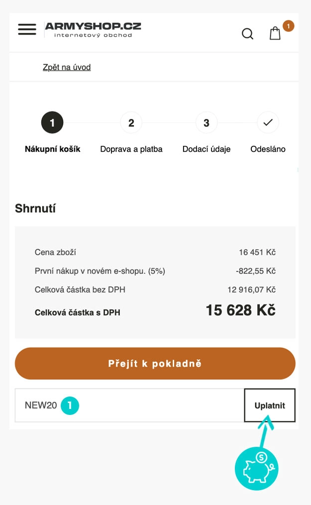 Návod jak uplatnit slevový kód v košíku e-shopu Armyshop