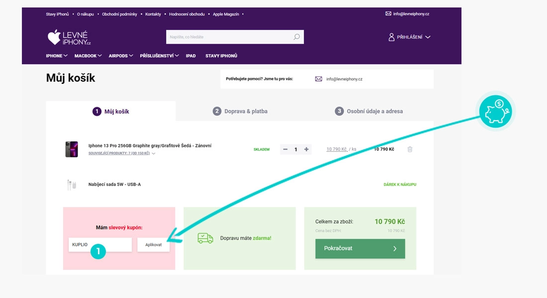 Návod jak uplatnit slevový kód v košíku e-shopu LevneiPhony