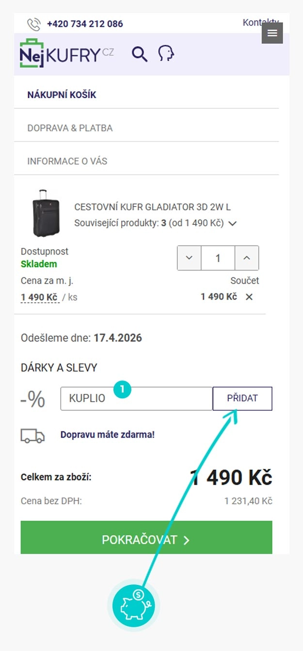 Návod jak uplatnit slevový kód v košíku e-shopu Nej kufry