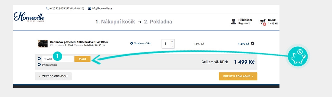 Návod jak uplatnit slevový kód v košíku e-shopu Homeville