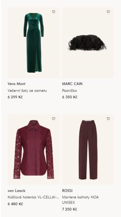 dámské večerní šaty, psaníčko, košilová halenka a kalhoty