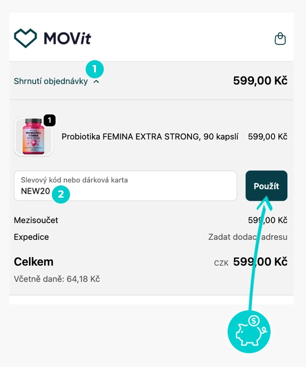 Návod jak uplatnit slevový kód v košíku e-shopu MOVit