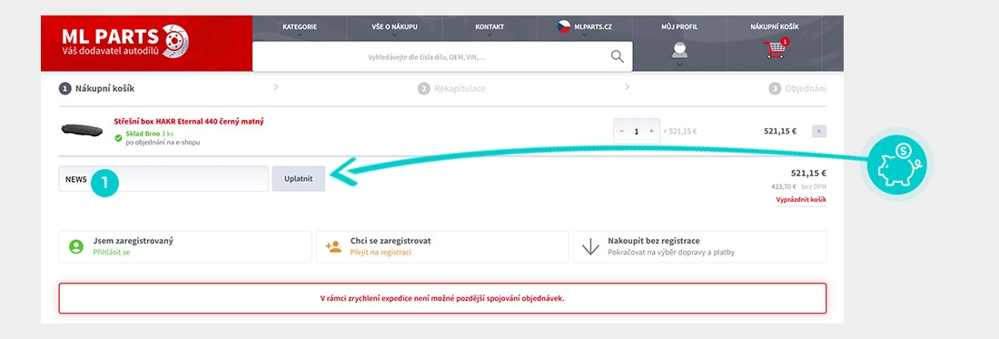 Návod jak uplatnit slevový kód v košíku e-shopu ML PARTS