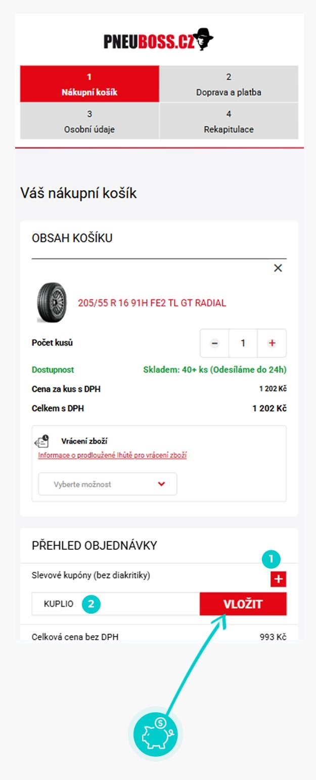 Návod jak uplatnit slevový kód v košíku e-shopu PneuBoss