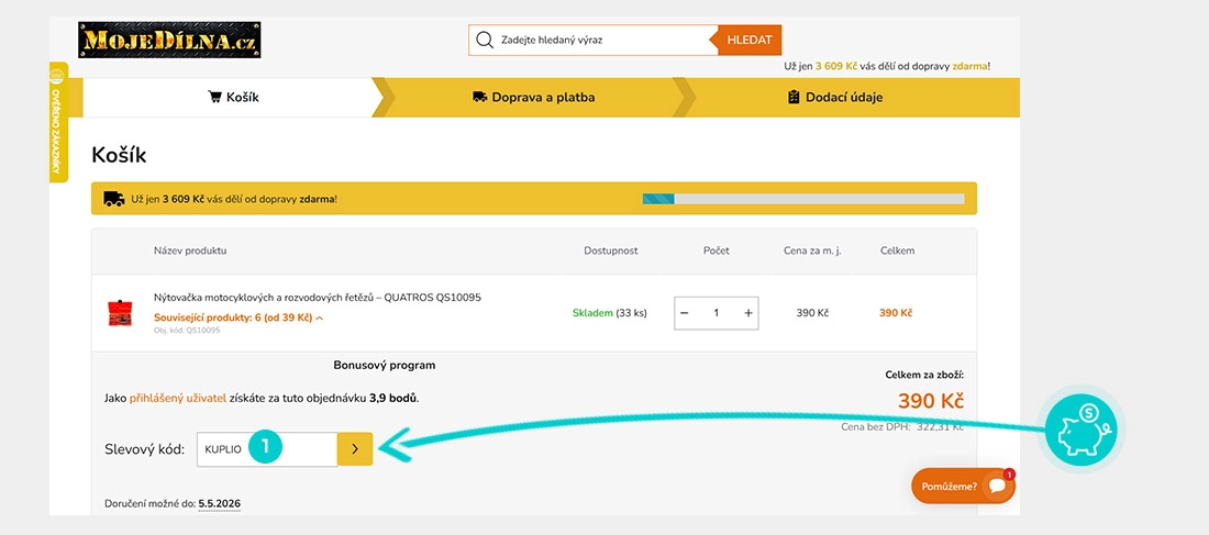 Návod jak uplatnit slevový kód v košíku e-shopu MojeDílna.cz