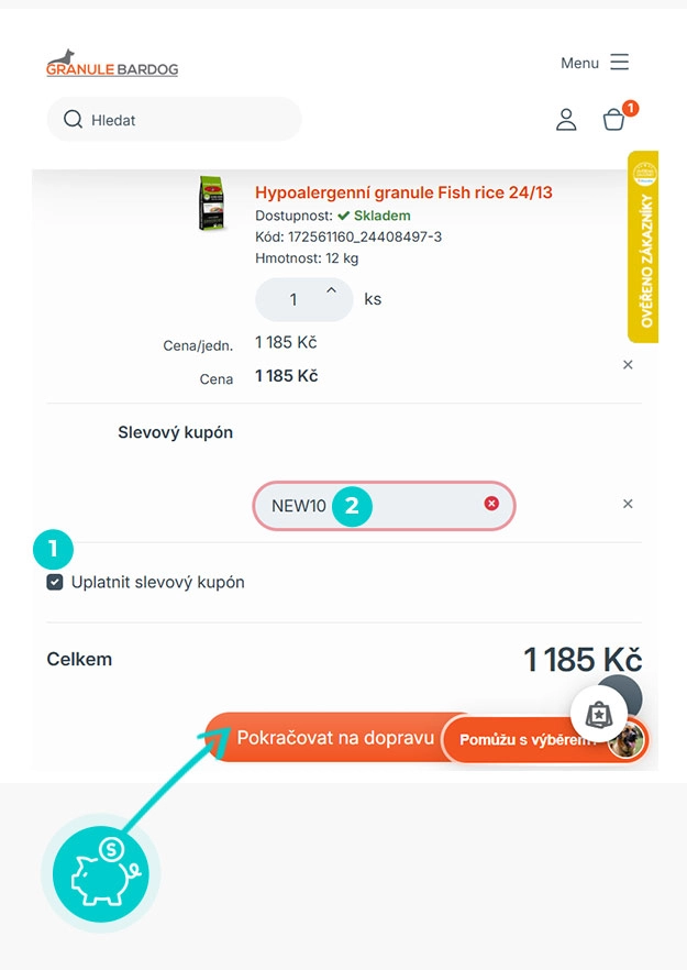 Návod jak uplatnit slevový kód v košíku e-shopu Granule Bardog