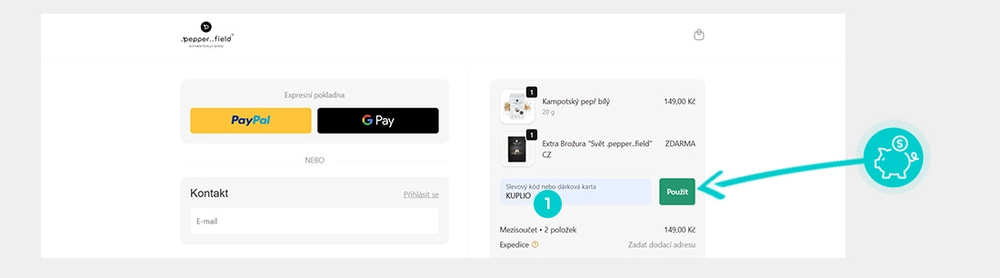 Návod jak uplatnit slevový kód v košíku e-shopu Pepper Field