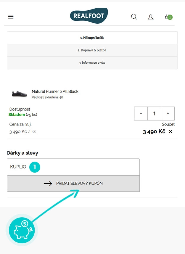 Návod jak uplatnit slevový kód v košíku e-shopu Realfoot