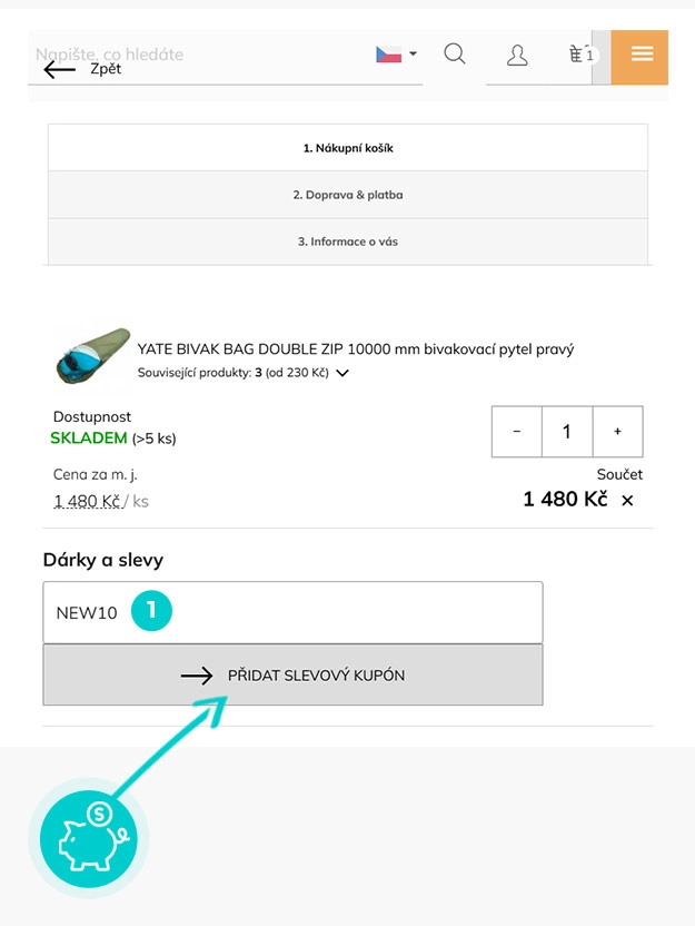 Návod jak uplatnit slevový kód v košíku e-shopu Yate