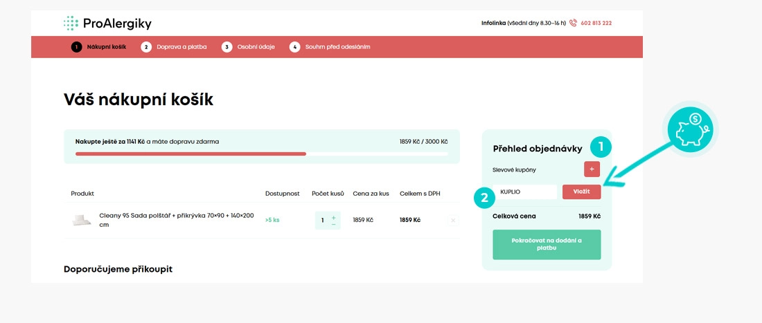 Návod jak uplatnit slevový kód v košíku e-shopu ProAlergiky