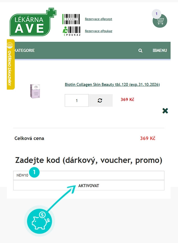 Návod jak uplatnit slevový kód v košíku e-shopu Lékárna AVE
