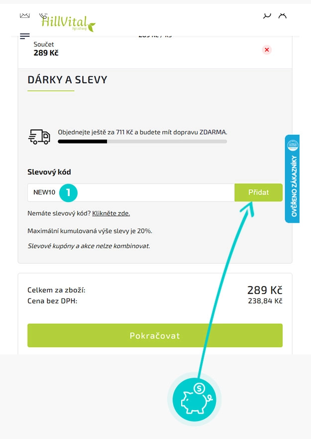 Návod jak uplatnit slevový kód v košíku e-shopu HillVital