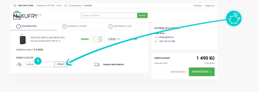 Návod jak uplatnit slevový kód v košíku e-shopu Nej kufry