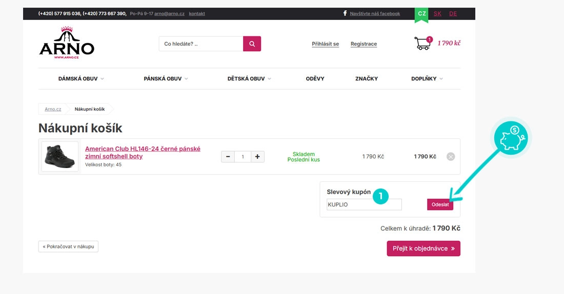 Návod jak uplatnit slevový kód v košíku e-shopu Arno