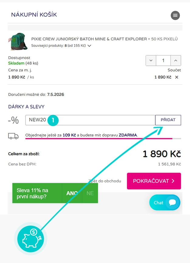 Návod jak uplatnit slevový kód v košíku e-shopu Pixie Crew