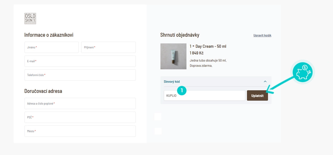 Návod jak uplatnit slevový kód v košíku e-shopu Oslo Skin Lab