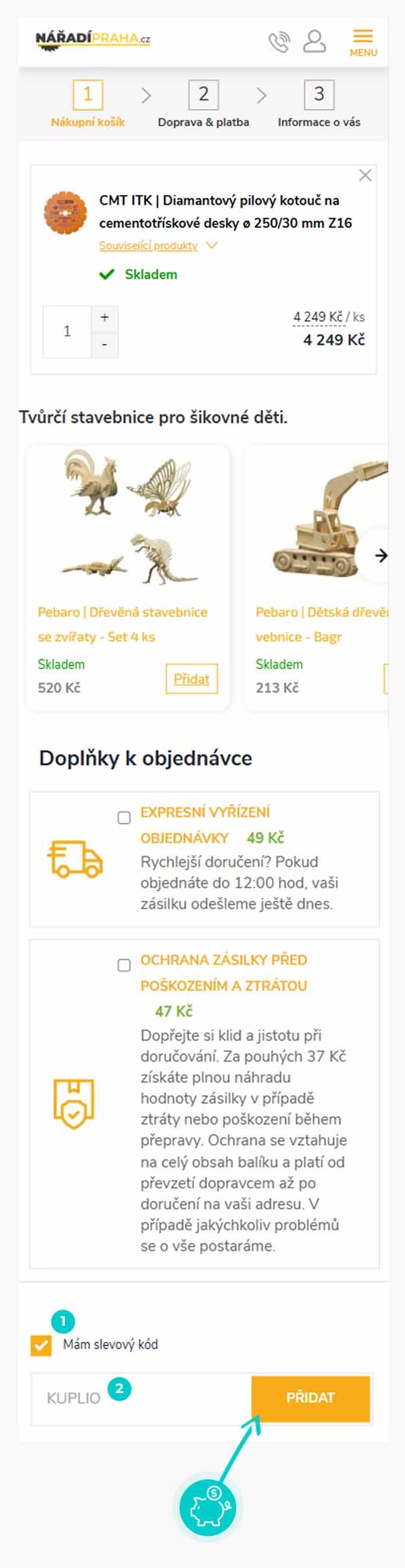 Návod jak uplatnit slevový kód v košíku e-shopu Nářadí Praha