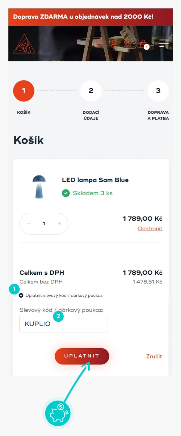 Návod jak uplatnit slevový kód v košíku e-shopu Bakly