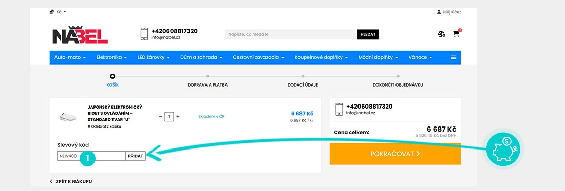 Návod jak uplatnit slevový kód v košíku e-shopu Nabel