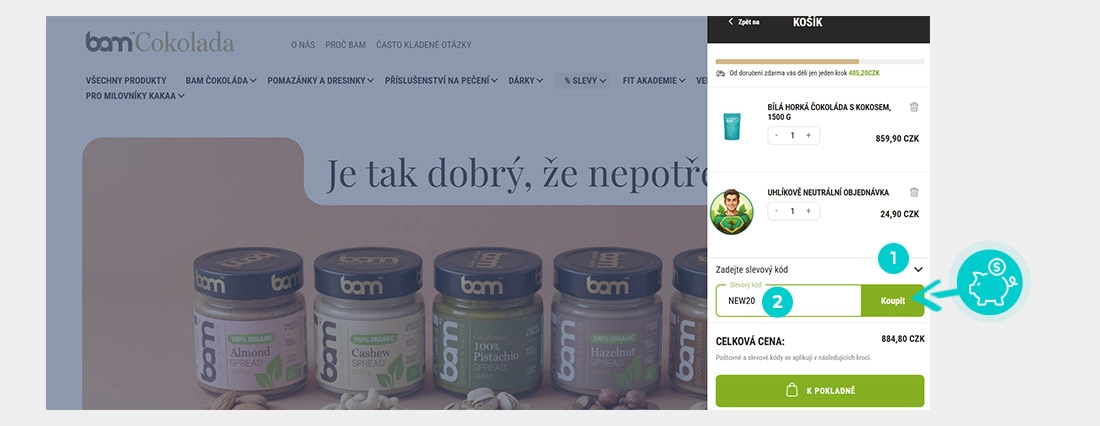 Návod jak uplatnit slevový kód v košíku e-shopu bamCokolada