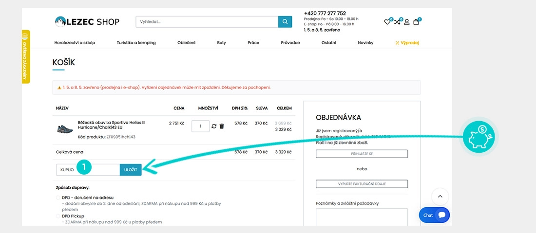 Návod jak uplatnit slevový kód v košíku e-shopu Lezec Shop