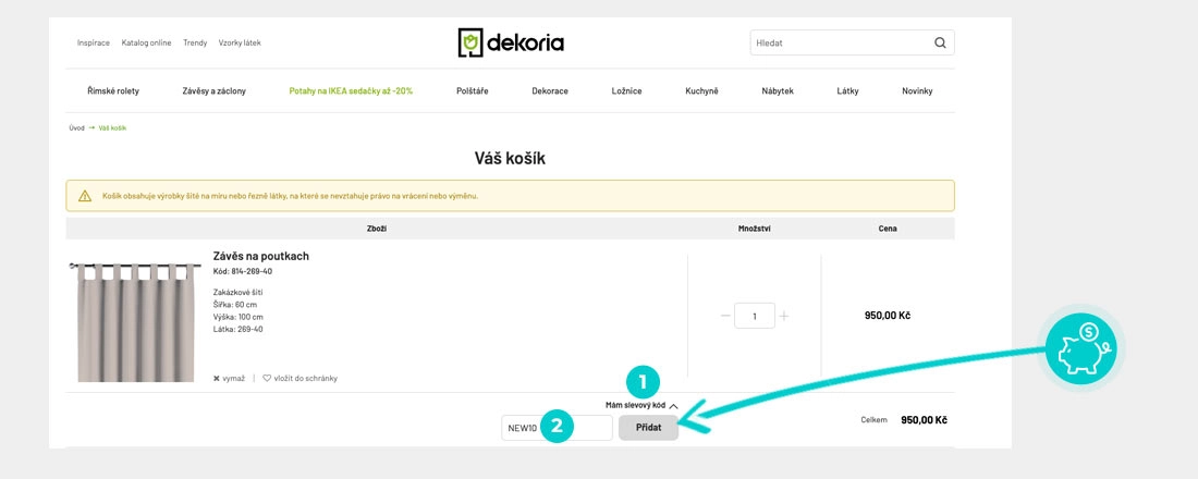 Návod jak uplatnit slevový kód v košíku e-shopu Dekoria