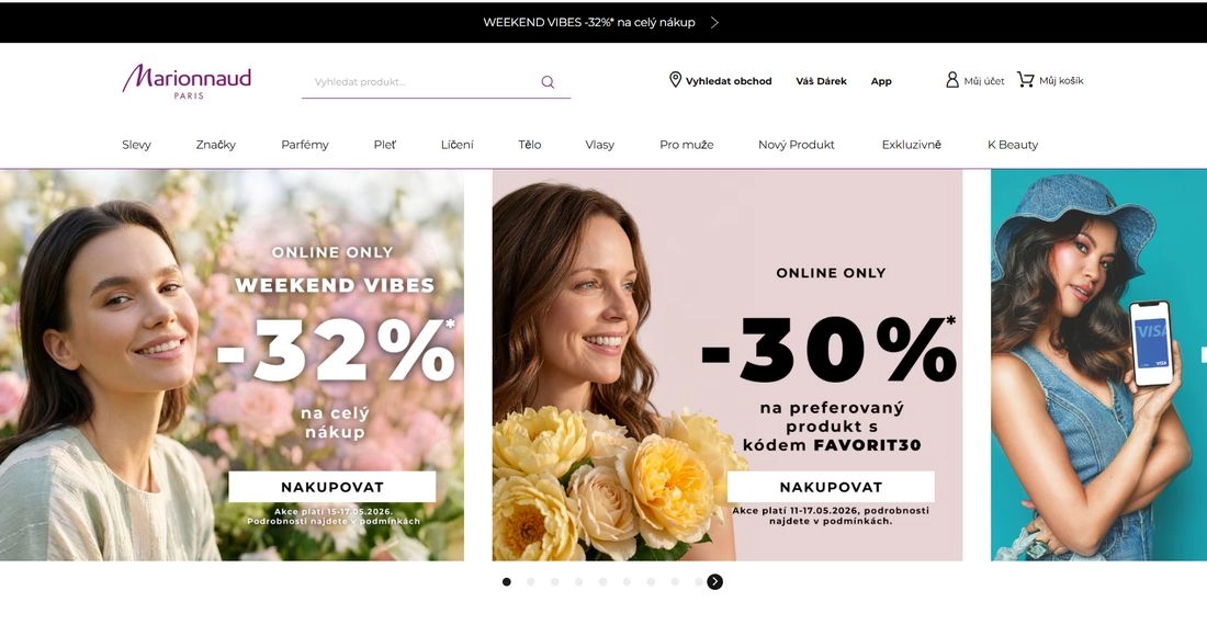 Stránka e-shopu Marionnaud s popisem a třemi ženami v různých pozicích