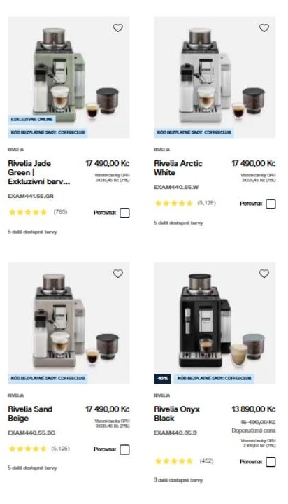 plnoautomatické kávovary v různých barevných provedeních as připravenými kávami