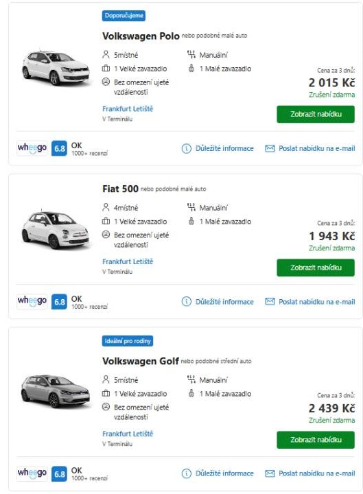 Rentalcars - nabídka produktů