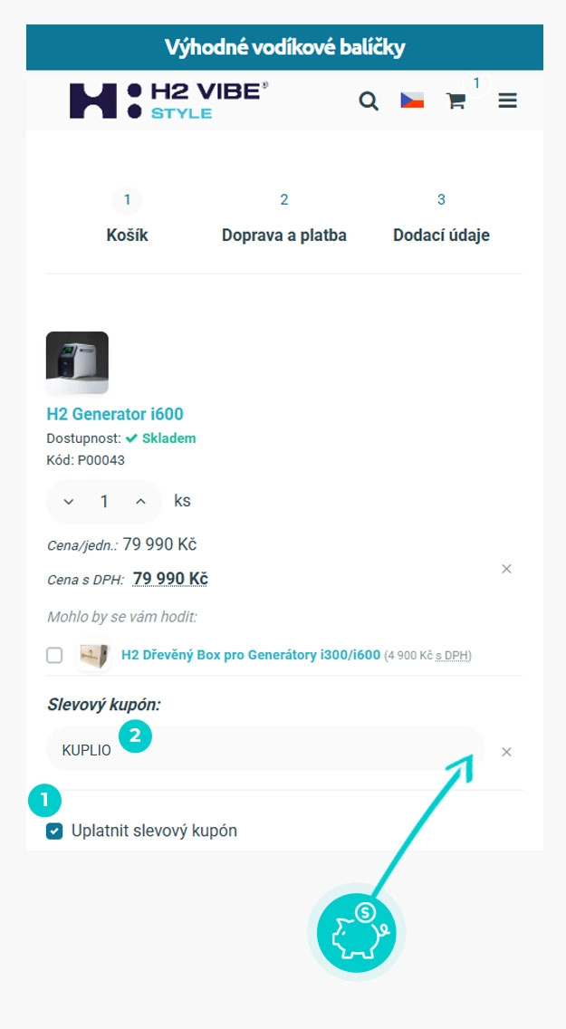 Návod jak uplatnit slevový kód v košíku e-shopu H2 Vibe