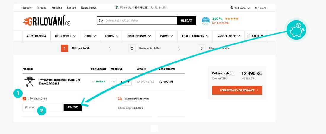 Návod jak uplatnit slevový kód v košíku e-shopu Grilování
