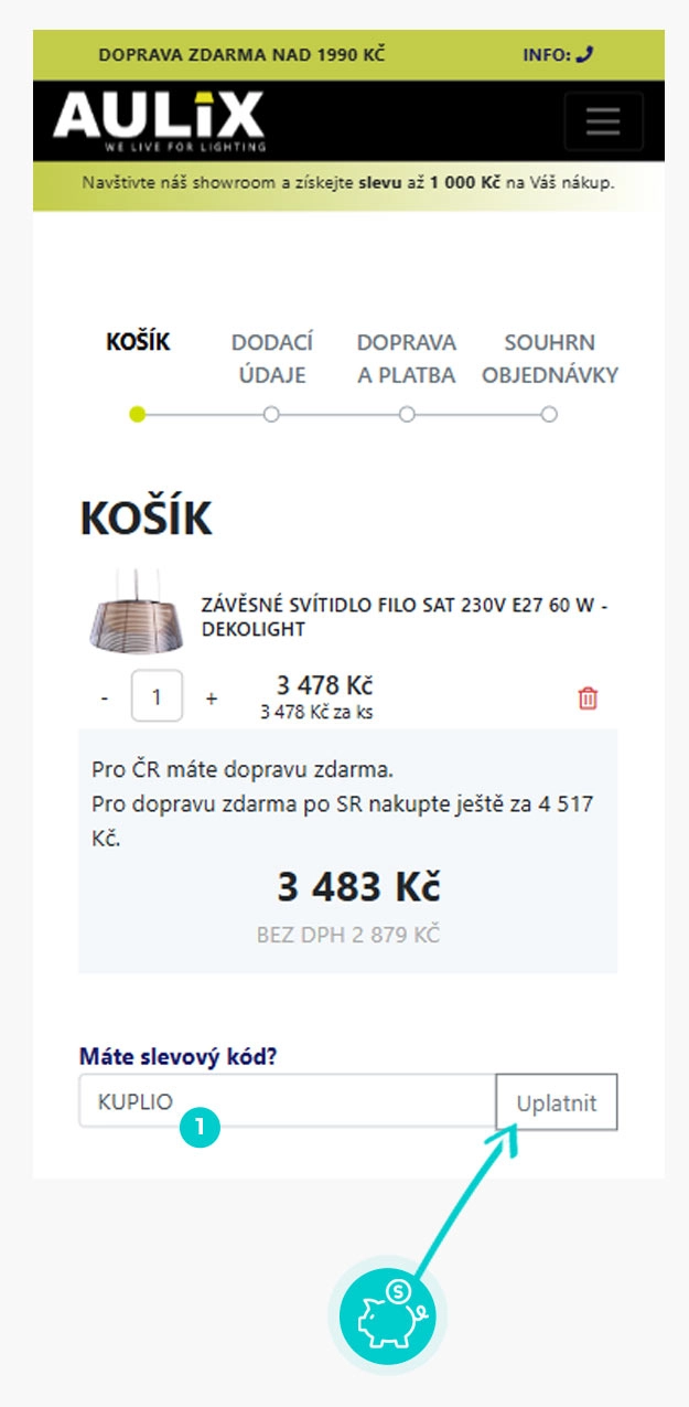 Návod jak uplatnit slevový kód v košíku e-shopu Aulix