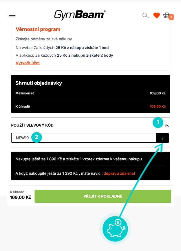 Návod jak uplatnit slevový kód v košíku e-shopu GymBeam