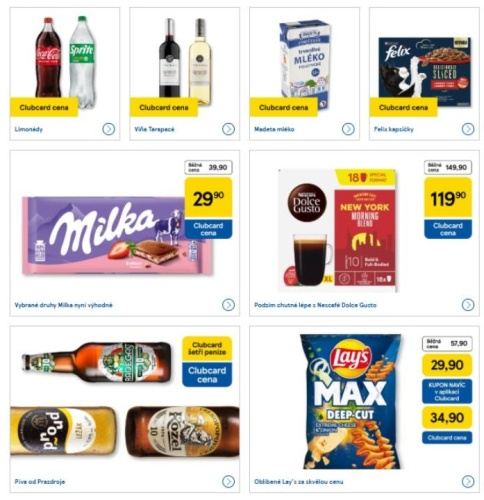 slazené nápoje, víno, mléko, krmivo pro kočky, čokoláda, káva, pivo, chipsy