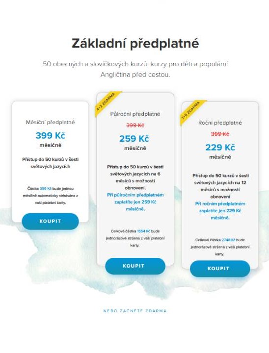 EasyLingo - možnosti základního předplatného