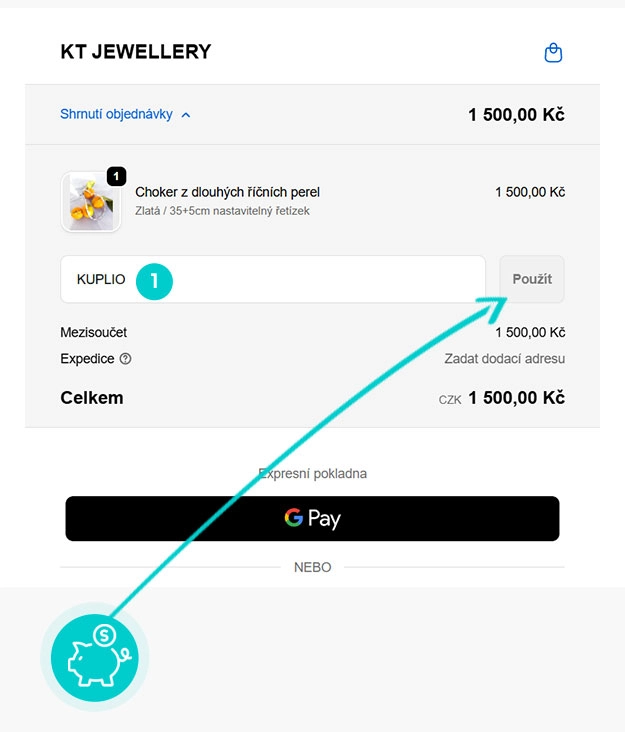 Návod jak uplatnit slevový kód v košíku e-shopu KT Jewellery