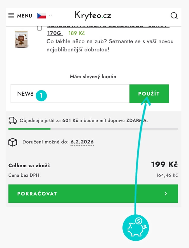 Návod jak uplatnit slevový kód v košíku e-shopu Kryteo