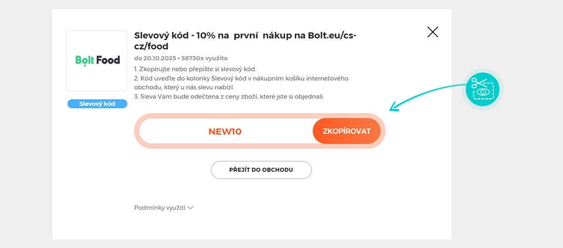 Návod jak zkopírovat slevový kód Bolt Food