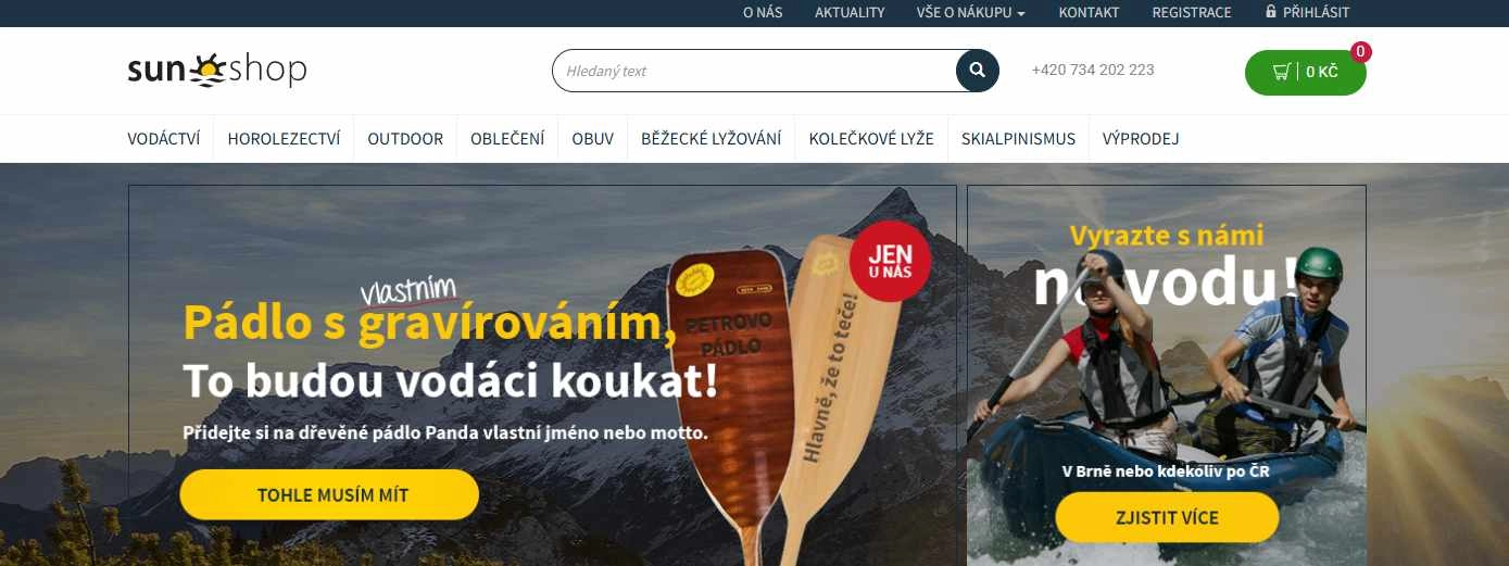 webové stránky e-shopu s nabídkou gravírování pádla