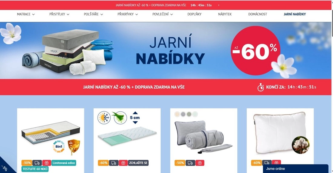 Na modro červeném podkladu jsou matrace a polštáře
