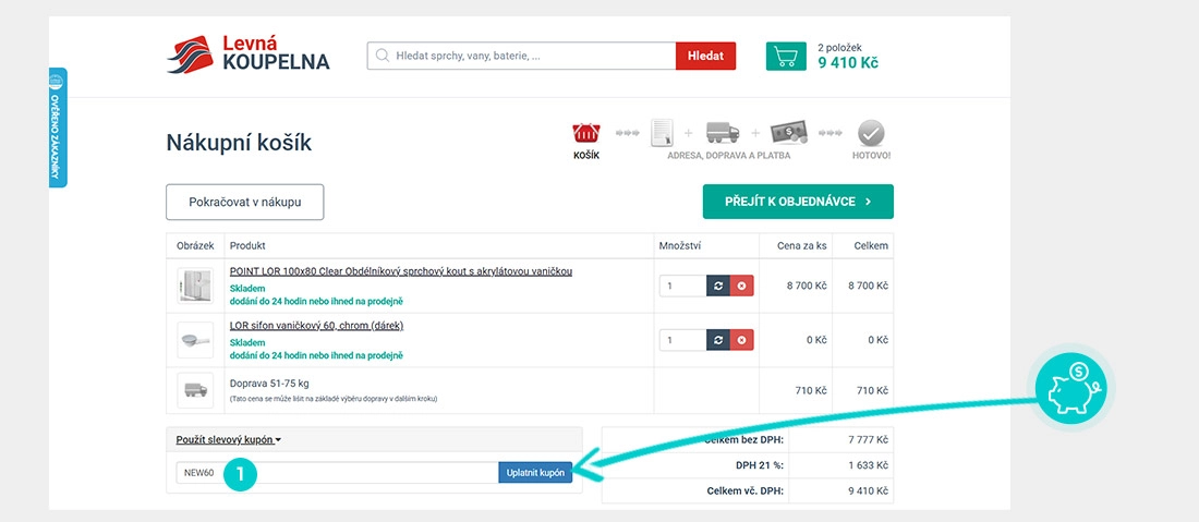Návod jak uplatnit slevový kód v košíku e-shopu Levná Koupelna