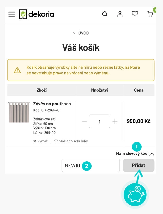 Návod jak uplatnit slevový kód v košíku e-shopu Dekoria