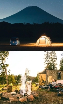 dva obrázky stanů v přírodě ve dne a v noci