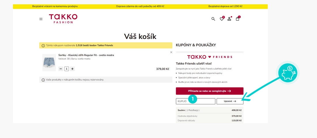 Návod jak uplatnit slevový kód v košíku e-shopu Takko