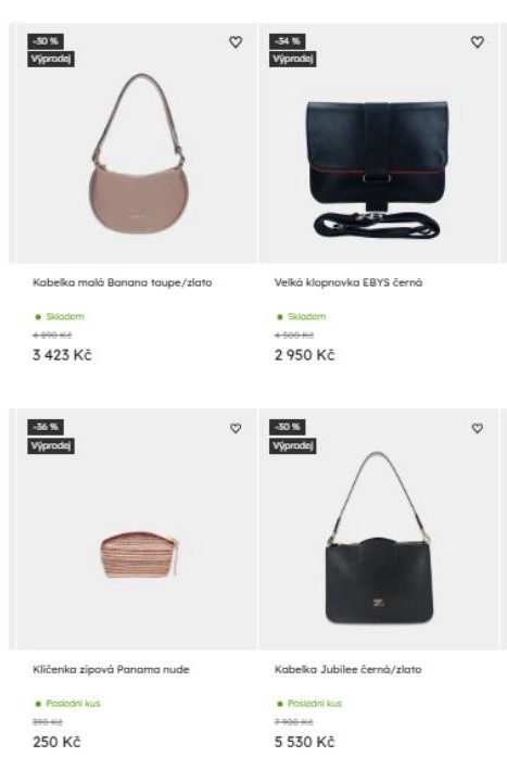 malá kabelka, velká klopnovka, klíčenka a černá kabelka